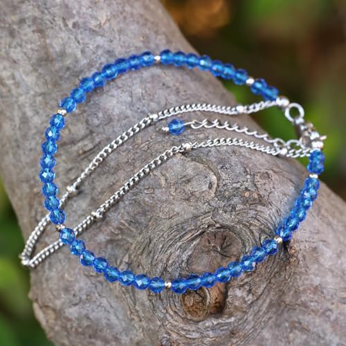 Peridot Stand Silver Gold Bracelets, Handmade Birthstone Stack Bracelet Crystal Gemstones Bead Chain Gift for Women, 8" - color: Silver-12-Sea Blue Spinel