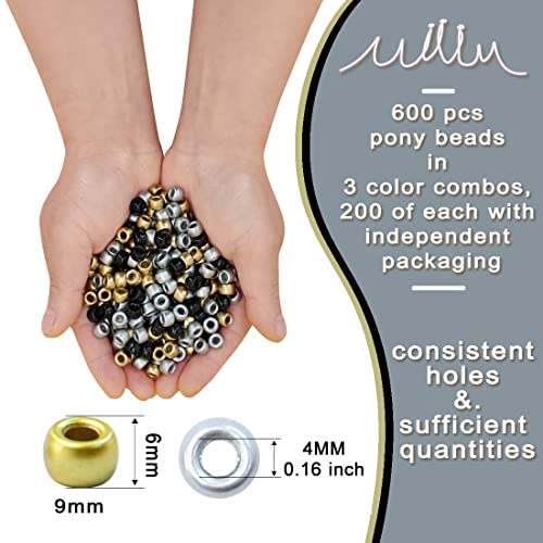 MIIIM 600PCS 6x9mm Pony Beads Bulk, Silver and Gold Pony Beads for Bracelets Making Kit, Kandi Beads, Hair Beads for Braids, Craft Beads for Jewelry Making (Gold) - color: Gold