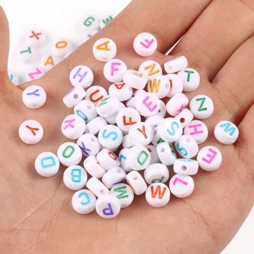 100pcs 7×4mm Black Round Acrylic Alphabet Letter Beads for Jewelry Making Bracelets Necklaces Key Chains Making(White and Colorful)