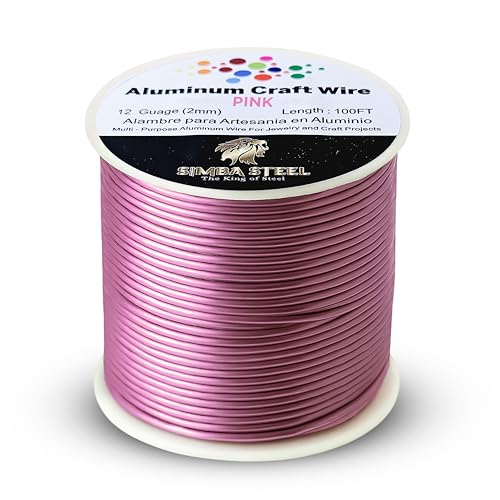 12 Gauge 100FT Aluminum Jewelry Wire for Crafts, Sculpting, Bendable for Crafts, Wire for Jewelry Making, Floral & Beading Use, Pink Color, Simba Steel (Pink 100FT) - style: Pink 12 G (2mm) x 100 FT