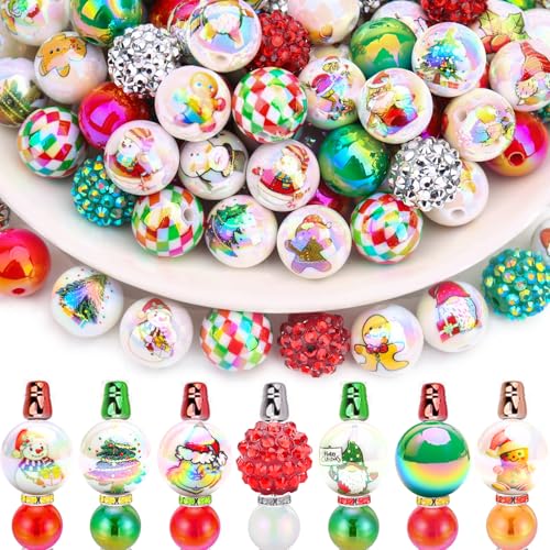 BONNY BOXX 50pcs 16mm Christmas Acrylic Beads, Snowman Santa Gingerbread Grinch Xmas Tree Bubblegum Chunky Beads for Xmas Decoration Garland Beadable Pen Jewelry Making DIY Home Decor - color: Christmas