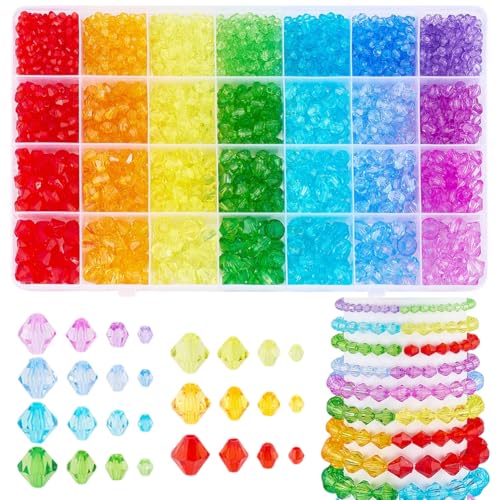 PH PandaHall 2310pcs Crystal Beads for Jewelry Making 4mm 6mm 8mm 10mm Acrylic Faceted Bicone Beads Transparent Loose Bead for Bracelet Necklace Earring Jewelry Making and DIY Craft, 7 Colors - size: 4mm/6mm/8mm/10mm