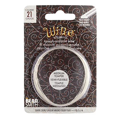The Beadsmith Half-Round Craft Wire - Medium Temper Beading Wire, Silver Color, 21 Gauge, 4 Yards