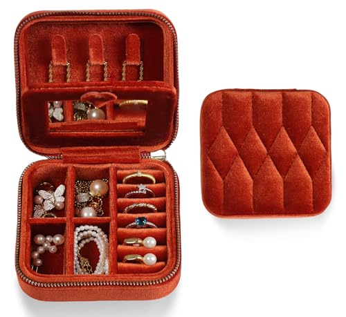 Velvet Jewelry Box – Travel Jewelry Case Organizer with Mirror, Adjustable Compartments for Women | Luxury Storage Case & Gift for Her - Caramel - color: Caramel