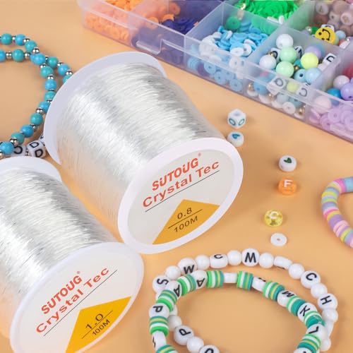 Elastic String for Bracelets, 2 Rolls 0.8mm and 1.0mm Crystal Elastic Cord for Bracelet Beads Jewelry DIY Crafts Bracelets Necklaces White (200M) - size: 0.8mm+1.0mm