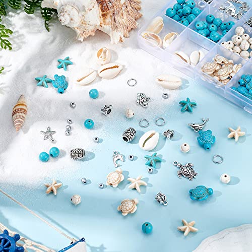 PH PandaHall 292pcs Turquoise Jewelry Making, Boho Ocean Beach Shell Bead Charms Starfish Mermaid Turtle Beads Summer Sea Dangle Pendant for Gift Bracelet Necklace Earring Anklet Craft Jewelry Making - color: Blue