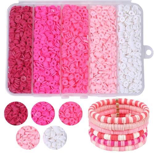 3500pcs Pink Clay Beads for Bracelets Making Kit, 6mm Heishi Polymer Flat Round Disc Clay Beads for Jewelry Making Pink - color: Pink