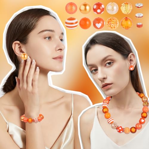 35 Pcs Chunky Bubblegum Beads 20mm Focal Pen Large Rhinestone Pearl Bead with Rhinestone Large Hole European Spacer Bead for DIY Beadable Pen Jewelry Making Keychain Craft Making(Orange) - color: Orange