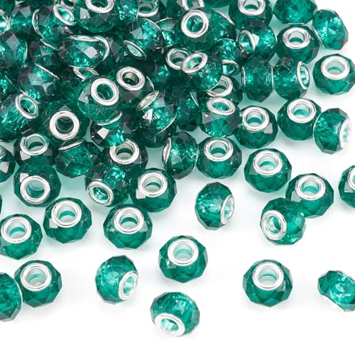 100pcs 14mm Large Hole Glass Beads Dark Cyan European Beads Lampwork Loose Spacer Beads for Christmas DIY Craft Snake Chains Charms Bracelet Necklace Earring Making Hole: 5mm - color: Dark Cyan