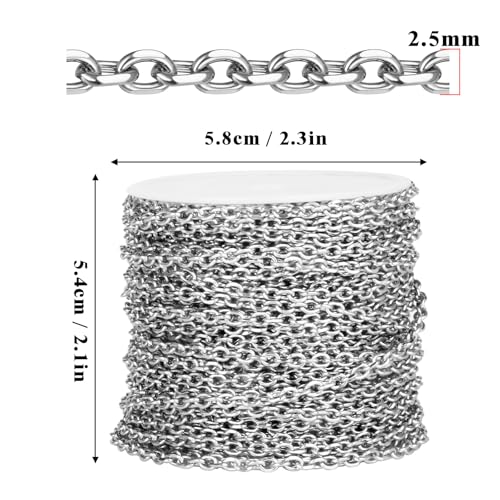 66 Feet Stainless Steel Rolo Cable Chain Bulk, 2.5mm 304 Stainless Steel Diamond-Cut Oval Rolo Cable Link Chains Roll Spool for Jewelry Making - color: Stainless Steel, size: 2.5mm width