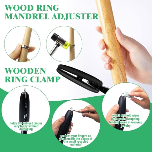 Yauhar 14Pcs Jewelry Making Tool Set Contains Flat Nose Jewelry Pliers, V-Slot Bench Pin Clamp, Wood Ring Mandrel Shaper, Rings Size Measuring Tools, Mallet Hammer, Steel Ring Sizing Gauge Sizers