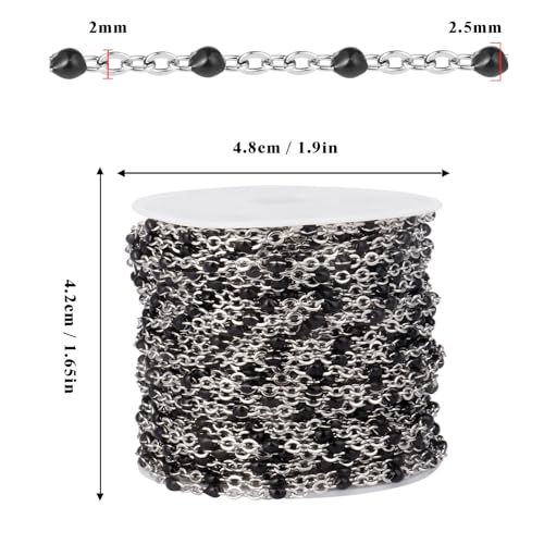 33 Feet Stainless Steel Enamel Chains Bulk, 2mm 304 Stainless Steel Black Enamel Beaded Cable Link Chain Roll Spool for Jewelry Making - color: Stainless Steel Black Beads