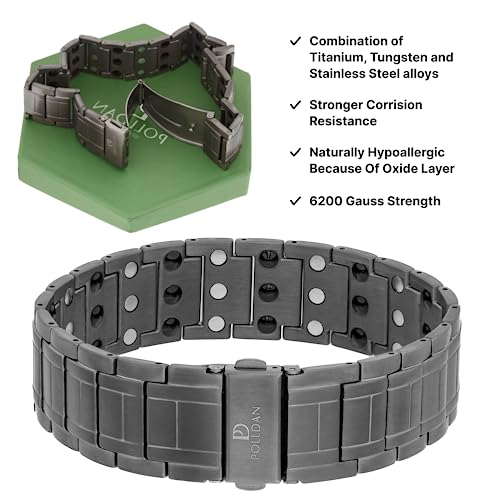 POLLDAN® 3X Power Magnetic Bracelets For Men | 6200 Gauss Strength Mens Titanium Bracelet with Fold-Over Clasp, Adjustable Length, Gift Box, Sizing Tool | Innovative Magnets Alloy - Patent - color: Gunmetal