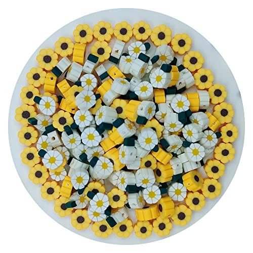200pcs Daisy Flower Polymer Clay Beads, Mixed Yellow Sunflowers Charm Spacer Beads for DIY Bracelet Necklace Jewelry Making - color: Daisy