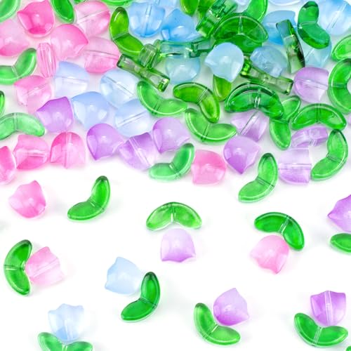 PAGOW 60 Pcs Tulip Flower Glass Beads, Glass Translucent Bracelet Beads, Colorful Handcrafted Crystal Loose Glass Beads for Spring Summer Valentines Wedding DIY Jewelry Making - color: Tulip Beads (Glass) -3 Colors