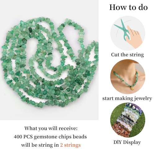 400pcs Natural Chip Stone Beads for Jewelry Making Green Aventurine 5-8mm Irregular Gemstones Healing Crystal Loose Rocks Bead Hole Drilled for Ring Earrings Necklace Bracelet Making DIY Art Crafts - color: Green aventurine (2 Strands-62")
