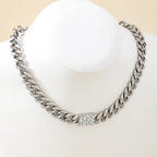 Elegant Silver Chain Choker Necklace with Crystal Accent, Chunky Curb Link Design, Adjustable Length, Fashion Statement Jewelry