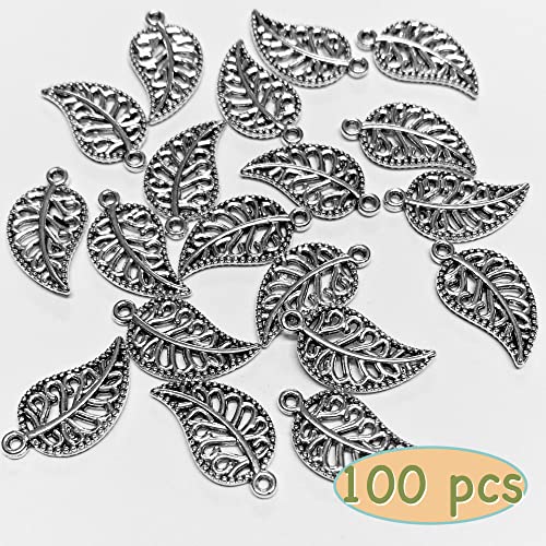 Heather's cf Four Leaf Clover Silver Leaf Beads 100-150 Pcs Leaves Craft Antique Leaf Charms for Crafting Leaf Pendant Charm for Necklace Bracelet Earring Making Fall Leaf Beads Set - color: Silver Filigree Leaf