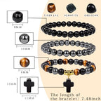 Vinswet Healing Crystal Beaded Bracelets for Women,Natural Amethyst Gemstones Bracelet,Anxiety Stress Relief Heart Charm Bracelet Handmade purple Jewelry Gifts for Women - color: tiger eye&hematite&obsidian