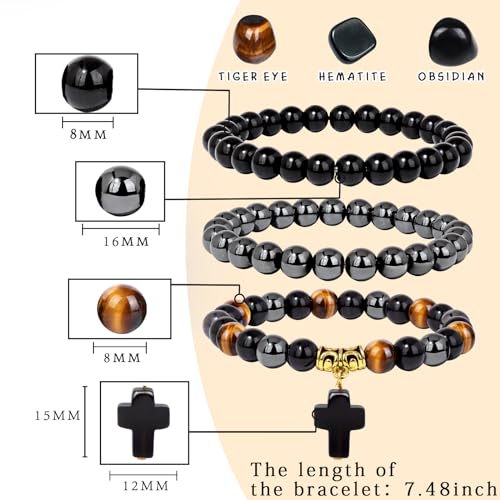 Vinswet Healing Crystal Beaded Bracelets for Women,Natural Amethyst Gemstones Bracelet,Anxiety Stress Relief Heart Charm Bracelet Handmade purple Jewelry Gifts for Women - color: tiger eye&hematite&obsidian
