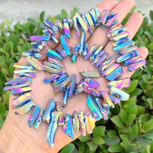 Adabele 15 Inch Natural Raw Healing Crystal Quartz Gemstone Loose Beads Small Drilled 15 Inch Rainbow AB Titanium Coated Chakra Gem Stone Drop Stick GA5 - color: Rainbow Ab, size: Small Size (15 Inch/1 Strand)