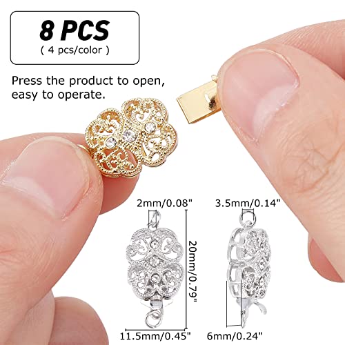 arricraft 8 Sets Filigree Necklace Clasps, Brass Rhinestone Box Clasps Jewelry Slide Clasps for Necklace Bracelet Connectors Knotted Jewelry Making DIY Craft (Platinum & Golden)