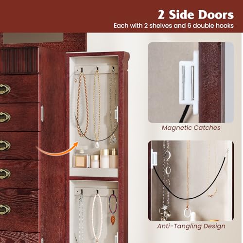 Giantex Standing Jewelry Cabinet with 7 Drawers, Flip-Top Mirror, 2 Side Doors with 12 Necklace Hooks, Divided Ring Compartments, Velvet-Lined Jewelry Armoire Organizer Chest (Cherry)
