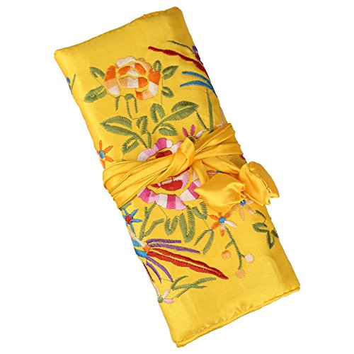 Yellow Multi-Use Silk Jewelry Organizer Roll – Vintage Embroidery Case for Travel/Daily/Events Foldable Zippered Pouch for Rings & Necklaces | Luxury Compact Gift. - color: Yellow