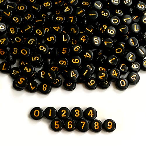 Amaney 500pcs Black Acrylic Gold Number Beads 7x4mm Mixed Acrylic Round Shape Loose Beads - color: BlackGold, size: 7x4mm