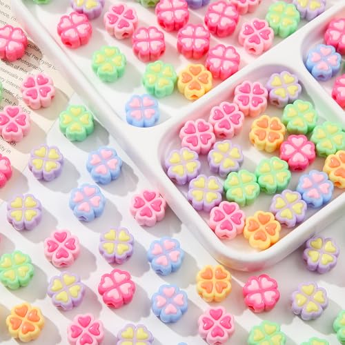 150pcs Acrylic Clover Beads Colorful Flower Beads Rainbow Clover Beads for Jewelry Making Handmade DIY Bracelet, Charms Keychain Craft Supplies (Rainbow Clover) - color: rainbow Clover
