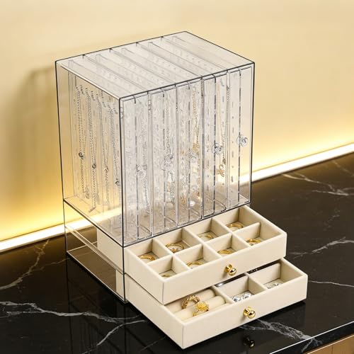 Greenfeather Jewelry Organizer with 7 Removable Drawers, Clear Acrylic Jewelry Box with 40 Necklace Hooks 120 Pairs of Earring Holes 2 Velvet-Lined Drawers for Rings Necklaces Earrings - color: Off-White-Style A