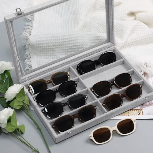 Wudygirl Jewelry organizer Sunglass Organizer 8 Slot Velvet Jewelry Tray Sunglasses Case with Lid Multi Eyeglass Case for Women Men（8 Grid - style: 8 Grid Jewelry Tray