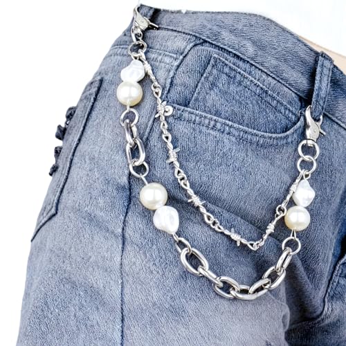 Layered Punk Pants Chain for Men Women, Gothic Hip Hop Jean Chain Wallet Chain Biker Trouser Chain, Goth Emo Fashion Keychain Accessories - color: 2L-6 Pearls