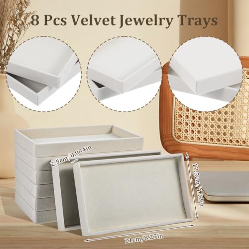 Abeillo 8Pcs Velvet Stackable Jewelry Trays Jewelry Organizer for Drawer, Jewelry Display Storage Tray for Earring Ring Necklace Pendants Bracelet 8.3 x 4.9 x 1 inches(Beige)