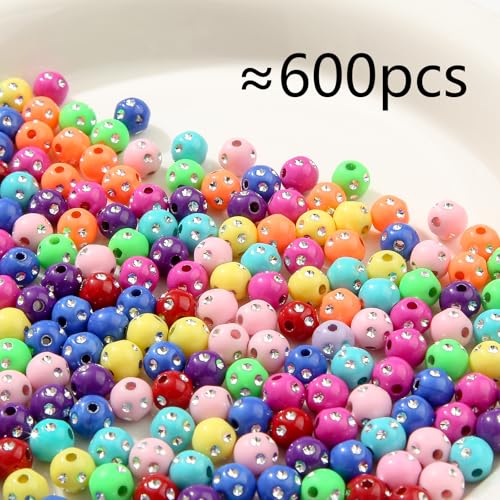 8mm Acrylic Beads 600pcs Rhinestone Spacer Bubble Bead Plastic Crafts Bead for DIY Necklaces Bracelets Earrings Jewelry Making (Rhinestone) - color: blue&red&pink