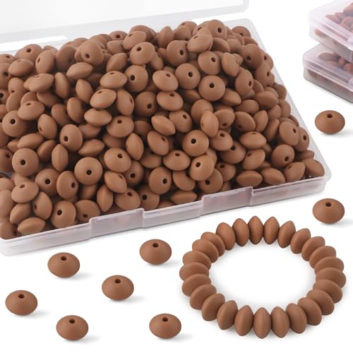 Sunrony 200Pcs Silicone Lentil Beads for Keychain Making, Bulk 12mm Silicone Abacus Spacer Beads for Necklace Bracelet Making Pens(Camel) - color: G-Camel