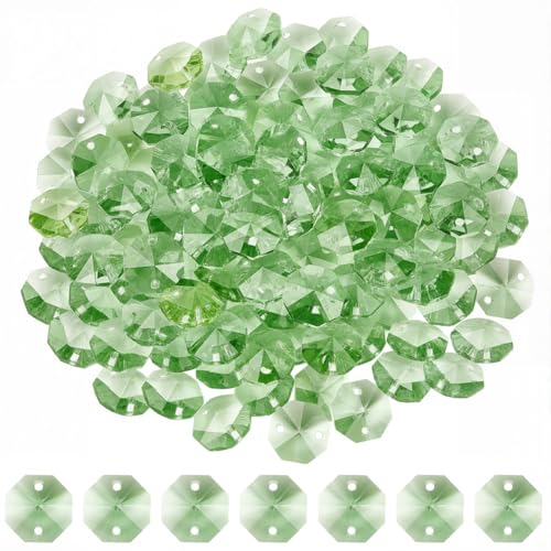 1 Box 120Pcs 14mm Crystal Glass Octagon Beads 2 Hole Prism Bead Bulk Pale Green Chandelier Replacement Connector Suncatcher Faceted Spacers for DIY Lamps Hanging Ornament Pendant Jewelry - color: Peak Green