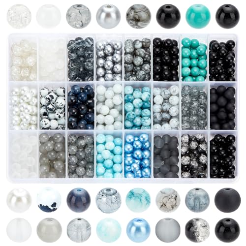1080pcs 8mm Glass Beads 24 Color Black Bracelet Beads Round Crystal Glass Bead Marble Rosary Loose Bead for Bracelet Necklace Jewelry Making Supplies Women Men Eid Mubarak Ramadan Decoration - color: Black, White