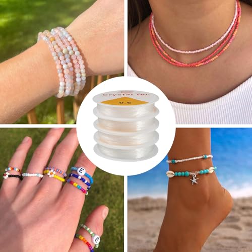 4 Rolls Elastic Stretch Thread Cord for Bracelets 0.6mm Round Clear Crystal Bracelet Beading Thread Elastic String Rope for DIY Women Necklace Jewelry Making Beading Craft, 13.1 Yards(12m)/roll - size: 0.6mm