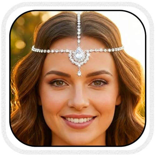 Brishow Crystal Head Chain Jewelry Gold Rhinestone Hair Chain Boho Bridal Headpiece for Women - color: Silver