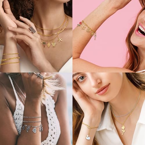 Zefy 18K Gold Silver Chain for Jewelry Making, 19.7ft 6 Rolls Stainless Steel Chains Bulk with 348 Pcs Charms, Jump Rings Lobster Clasps Set for DIY Bracelet Necklace Crafts - size: Medium