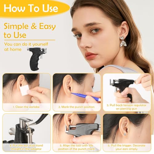 Professional Ear Piercing Gun, Reusable Ear Piercing Machine with Stainless Steel Piercing Studs, Colorful Crystal Earrings Set for At Home Salon Earlobe Cartilage Helix Tragus Piercing Tool Kit - color: Dark Black