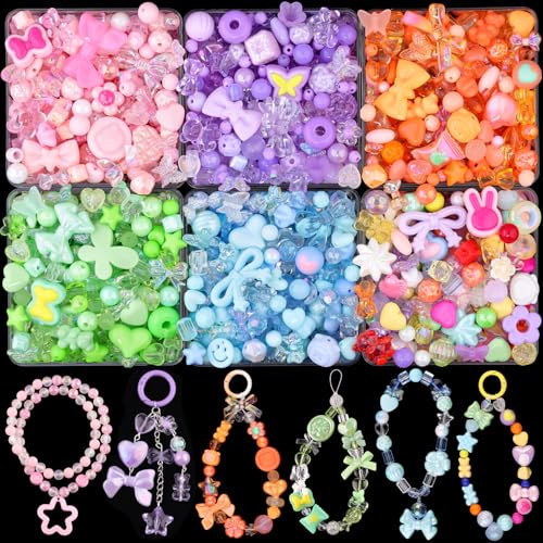 400-450PCS TINKRSTUFF Assorted Acrylic Beads, Mixed Cute Beads for Bracelet Making, Aesthetic Bow Flower Star Butterfly GummyBear Kawaii Charms for Jewelry Necklace Making DIY Keychain Phone Charm - color: 240g-6 Color Series-Pink+Blue+Purple+Green+Orange