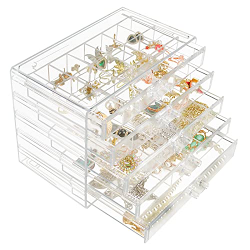 Weiai Clear Acrylic Jewelry Organizer, 90 Grids Adjustable Dividers Earrings Rings Storage Box - size: 5 Drawers