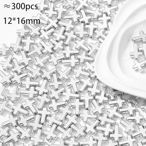300pcs Cross Beads 12 * 16mm Silver Cross Bead Crosses Spacer Beads Bulk for DIY Crafting Necklace Bracelet Jewelry Making Keychain (Silver) - color: silver
