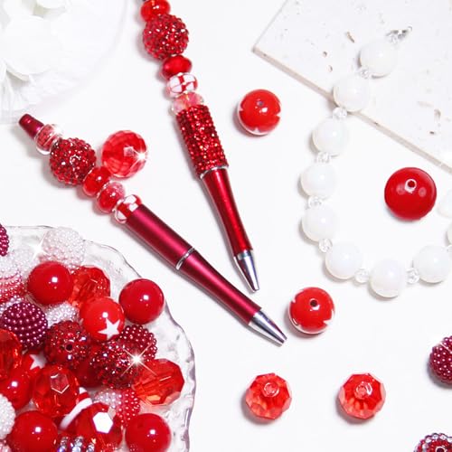 106Pcs 20mm Beads for Pens Making with Rondelle Spacer Beads Red Acrylic Focal Bubblegum Bead Crystal Round Sparkly Chunky Bead for Pens Beadable Keychain Necklace DIY Craft Jewelry Making Supplies - color: Red