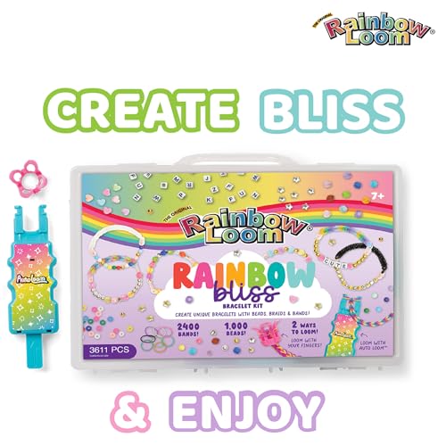 Rainbow Loom: 2,400 Bands & 1,000 Beads AutoLoom Rainbow Bliss Kit with AutoLoom & Finger Loom – DIY Braid & Bead Bracelet Jewelry Making Set for Kids 7+
