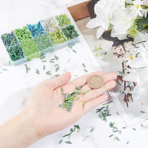 3000 Pcs 10 Colors Glass Bugle Beads, Green Series Screwy Bugle Beads Long Tube Seed Bead Loose Spacer Bead Bulk for DIY Crafting Jewelry Making - color: Green Series