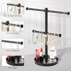 bodkar Necklace Holder Organizer Stand,2-Tier Sturdy Metal Jewelry Stand with Round Tray for Bracelet Bangles Holder Display,12.9" Tall for Long Necklace - color: Black