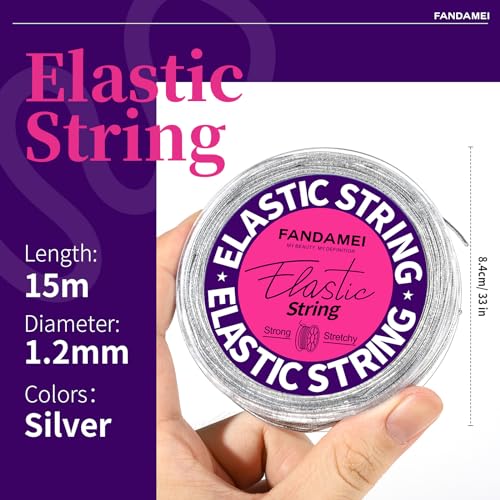 FANDAMEI 1.2mm Elastic String, Metallic Silver Stretch Cord for Craft Gift Jewelry Making, Elastic Cords Ribbon for Hair Braids, Elastic String for Bracelets, Beading Cord Stretchy Christmas Craft DIY - style: B-Silver
